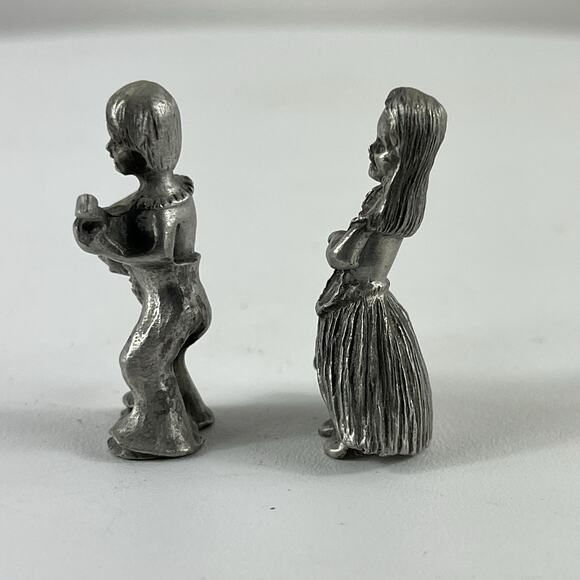 Vintage Pewter Miniature Hawaiian Dancer Hula Girl grass skirt & Boy With Guitar - Picture 2 of 8